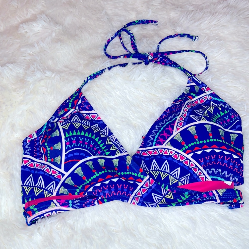 Urban Sea Blue Pink Criss Cross Front Bathing Suit Bikini Swim Top Size XL